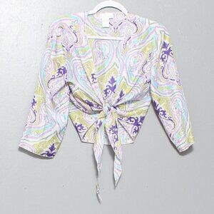 Soft surroundings silk print bell sleeve crop cover tie top